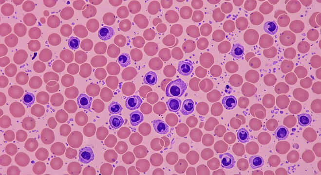 Acute Myeloid Leukemia AML Cells and Red Blood Cells in Peripheral Blood Smear