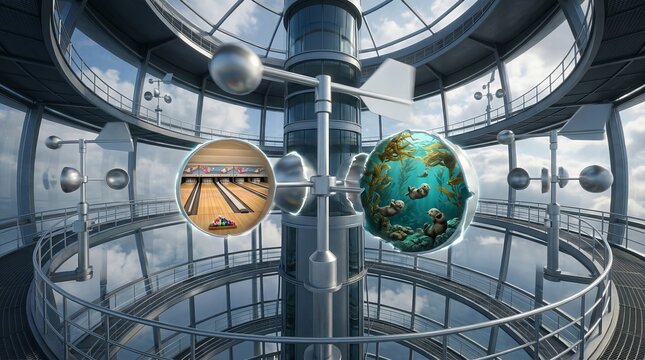 Futuristic meteorological anemometer spinning, presenting circular portals revealing an underwater sea otter habitat and a bowling alley within a modern architectural structure