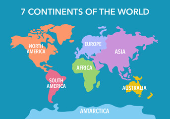 World map divided into 7 continents in flat design. © Orapun