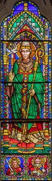 Perugia - The detail of stained glass with St. Gregory the Great in church Basilica di San Domenico designed by Mariotto di Nardo and made by Bartolomeo di Pietro (1411).