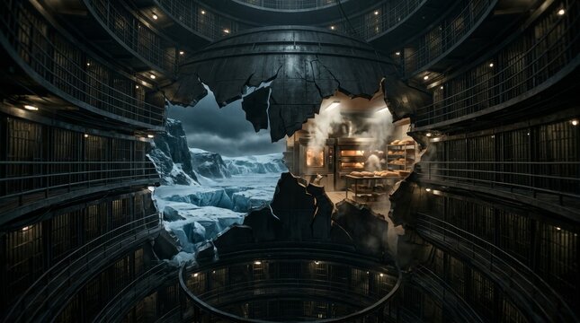 Dystopian panopticon with a broken wall revealing a warm, steamy bakery on one side and a frozen iceberg landscape on the other, symbolizing confinement versus freedom