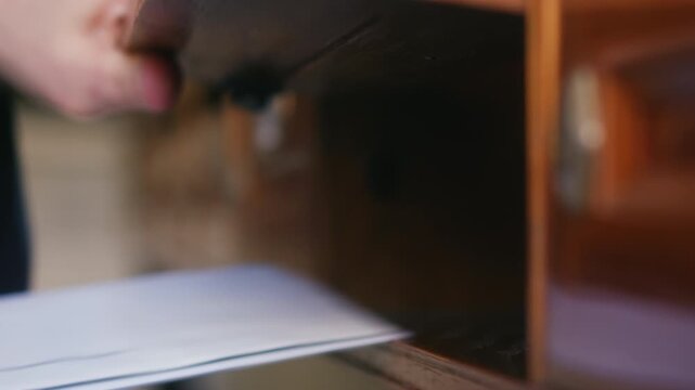 A close-up of a man removing letters from a wooden mailbox. The scene depicts mail receipt, communication, and everyday mail delivery. High quality 4k footage