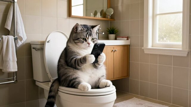 Tabby cat sitting on toilet in a cozy bathroom while holding smartphone, creating a humorous anthropomorphic scene that reflects modern habits and playful lifestyle concept
