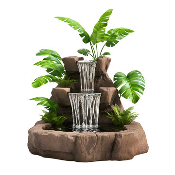 89 Front view of tropical-style garden water fountain isolated on a white transparentbackground