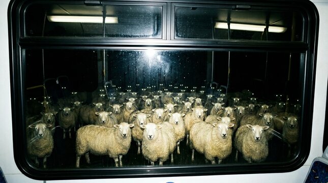 Large flock of sheep with glowing eyes fills a night bus interior, visible through the window &mdash; surreal, eerie commuter scene blending animal herd and urban travel metaphor