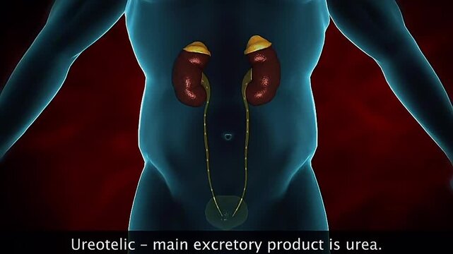 3D animation showing excretion of urea from blood through kidneys into urine.