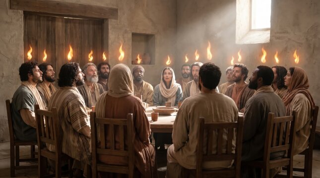 Apostles and woman gathered in prayer at Pentecost. Miraculous descent of Holy Spirit with tongues of fire above heads. Early Christian life and biblical event from Acts of Apostles.