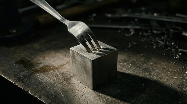 Metal fork piercing and bending a solid metal cube on a dark scratched workshop surface, surreal metaphor of unexpected weakness breaking perceived strength and material limits