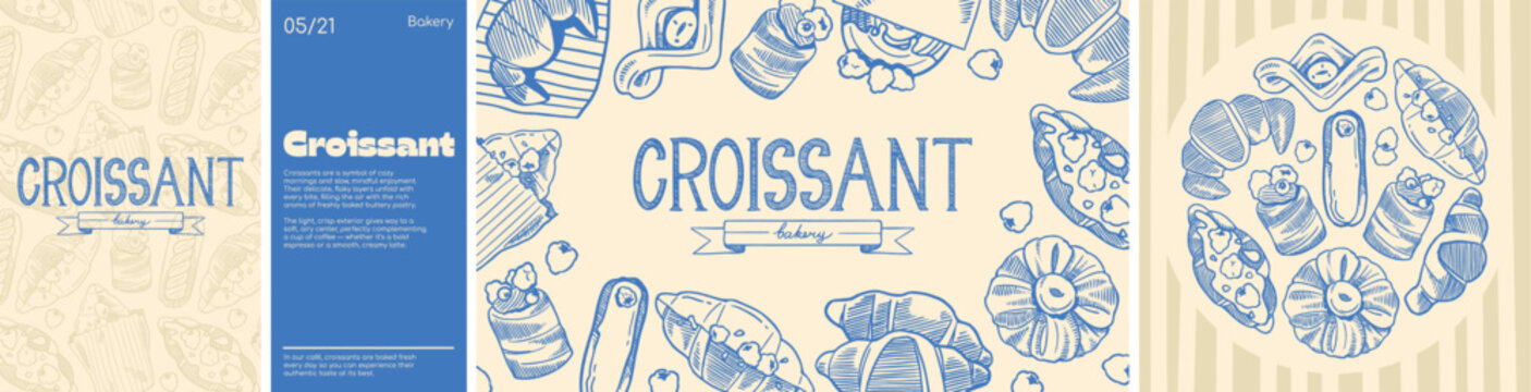 Bakery and pastry design set: seamless pattern, round composition and frames with hand-drawn croissants and eclairs