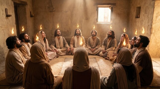 Apostles and women sitting in circle receiving Holy Spirit with tongues of fire above head. Pentecost event in upper room. Biblical scene from Acts in New Testament. Early Christian faith.