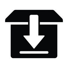 Fototapeta premium Black icon of a box with a white download arrow pointing downwards on a plain white background