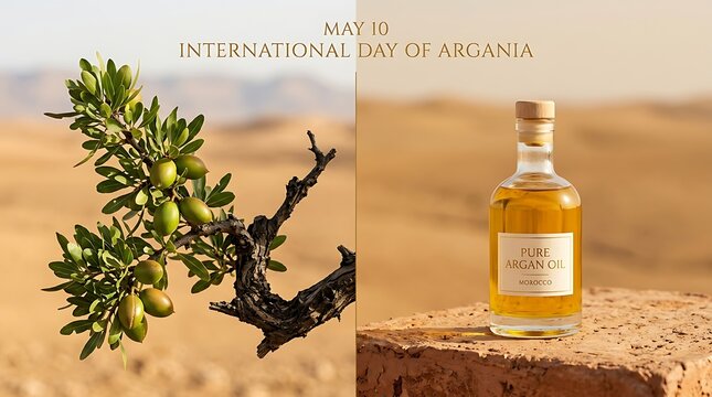 A bottle of pure argan oil and an argan tree branch with green olives in a desert landscape