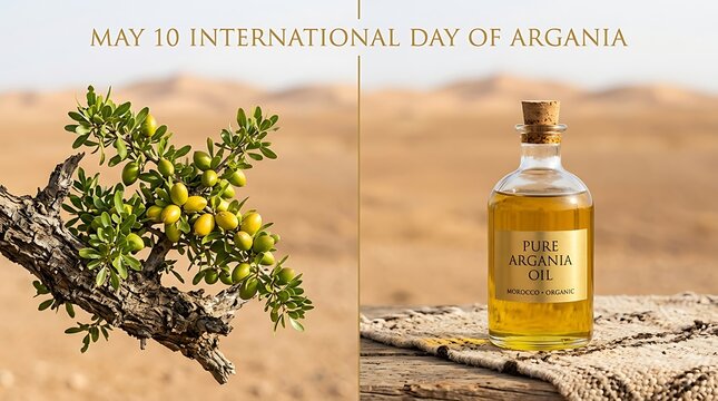 A bottle of pure argania oil and a tree branch with green olives in a desert landscape on International Day of Argania