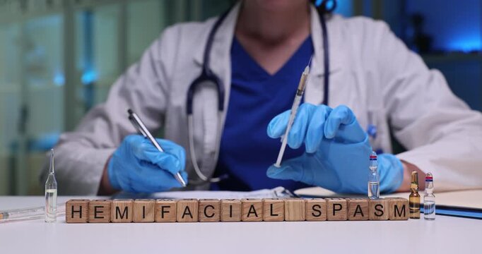 Wooden blocks spell phrase Hemifacial Spasm near syringe and ampoules on table. Doctor writes notes preparing injection dose for patient care