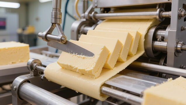 Close up of automated line slicing butter blocks on conveyor belt, representing dairy processing, food production, packaging automation and manufacturing
