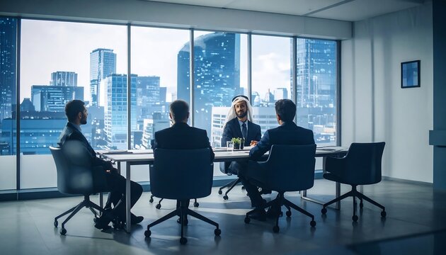 Four suited individuals engage in a meeting around a table, with one wearing traditional attire. A cityscape is visible through large windows