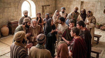 Obraz premium Group of ancient people gathering together in stone house. Disciples of Christ discussing together. Biblical scene showing apostles and women followers after news of Pentecost.