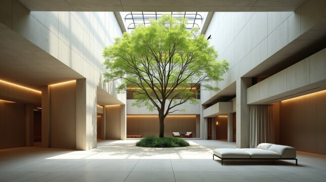Interior moderno con patio interior, techos altos y un &aacute;rbol