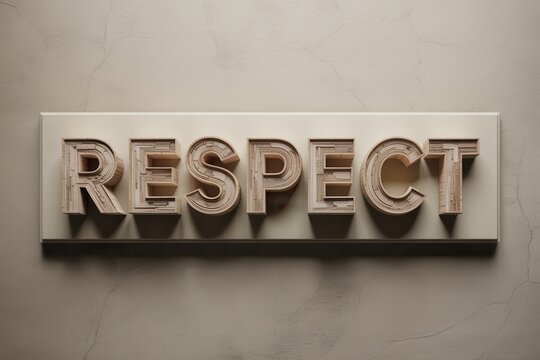 A close-up shot of a 3D rendered sign with the word Respect on a gray wall background.