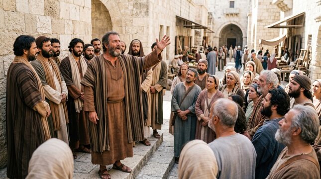 Apostle Peter preaching to a large group of men and woman in Jerusalem. Biblical scene of early Christian disciples gathered to listen to sermon on streets. Acts of the Apostles history.