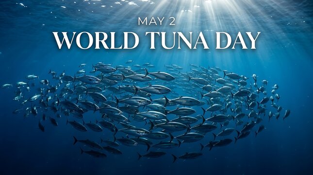 A school of tuna swimming in the ocean on World Tuna Day with sunlight shining through the water