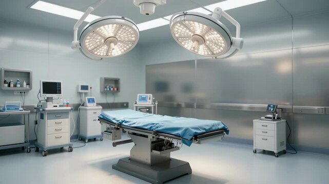 Surgical Room Prepared for Procedure with Sterile Bed and Overhead Lights in Modern Hospital Setting Cinematic View