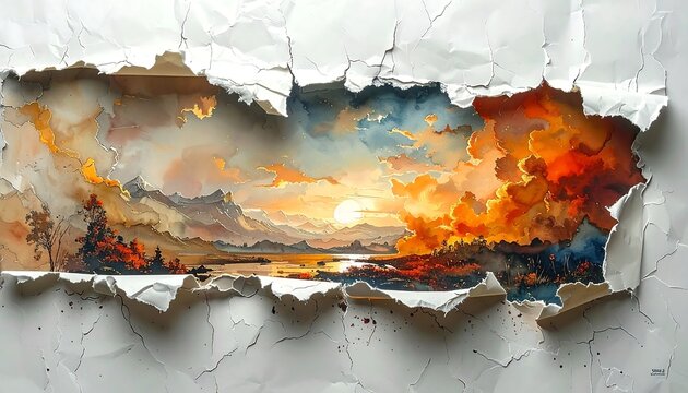 A sunlit landscape with mountains and trees peeks through torn paper, evoking a serene and vivid watercolor painting
