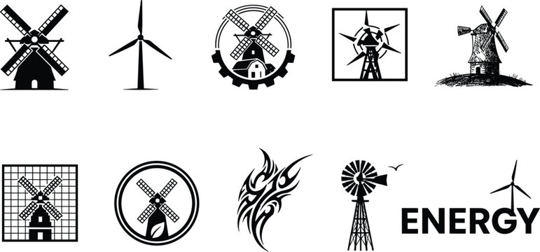 Windmill icons, renewable energy silhouettes, wind turbine graphics, eco power symbols, sustainable electricity illustration, clean energy design, black white vector