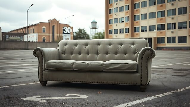 flagrant. A worn-out sofa on an empty urban lot, overcast daylight. real-estate listings, architecture portfolios, designed for interior renovation comparisons for interiors.