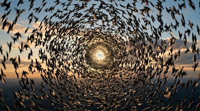 Birds creating a dynamic spiral formation in the sky, silhouetted against a vibrant sunset, representing natural phenomena, movement, and collective behavior