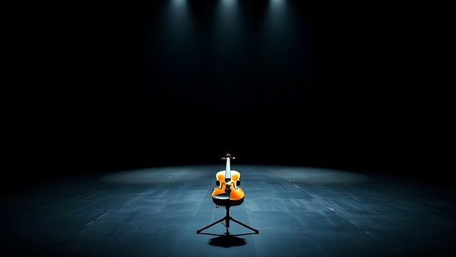 arpeggio. A single violin on a music stand under a spotlight on a dark stage. event programs, museum guides, designed for cultural heritage projects and event programs, elevates cultural identity.
