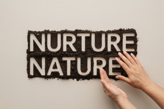 Person's hands arranging letters on a dirt block with NURTURE NATURE text on a wall