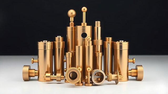 sardonyx. A composition of polished brass and steel cylinders arranged on a dark background. safety posters, maintenance manuals, designed for precision metalworking and fabrication facilities.