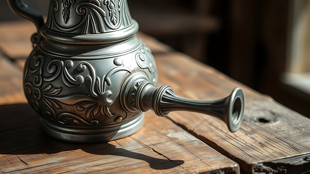 scamorza. Ornate pewter flagon with long spout on rustic wooden table, engraved details. bar promotions, beverage menus, designed for food & beverage menus and cafe branding, used by video editors.