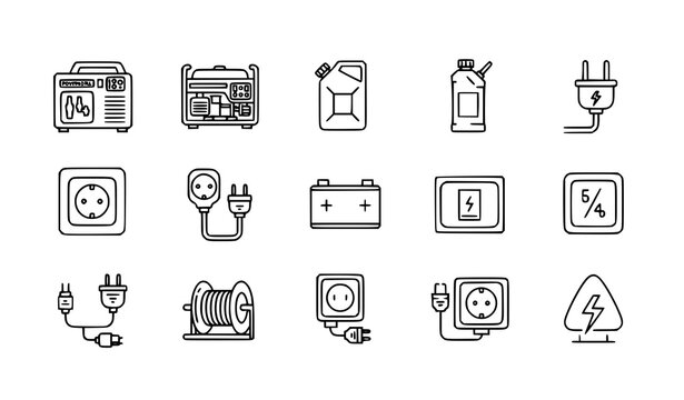 Portable generator 15 icon set power supply fuel cable outline vector