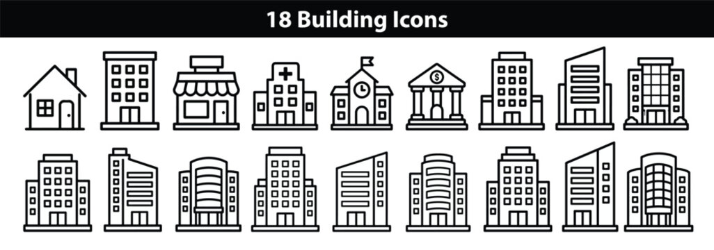 Building Icons Set City Architecture Office House Line Vector Collection