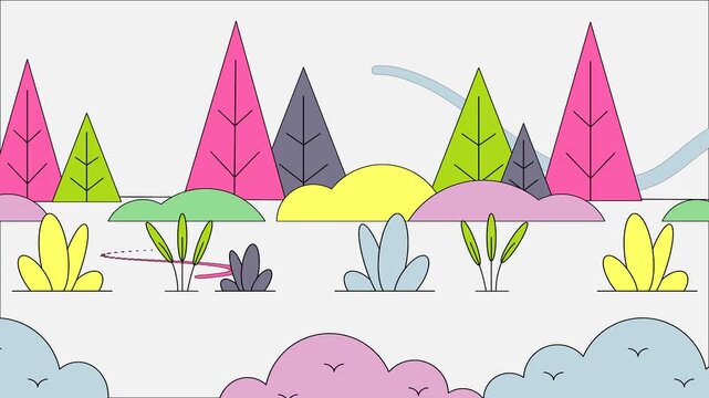 Colorful landscape with trees and plants in a simple cartoon style