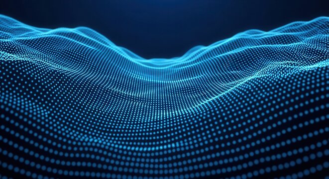 Abstract digital blue wave grid, glowing dots, perspective depth