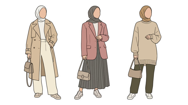 Three stylish muslim women wearing modern modest clothing and hijabs.