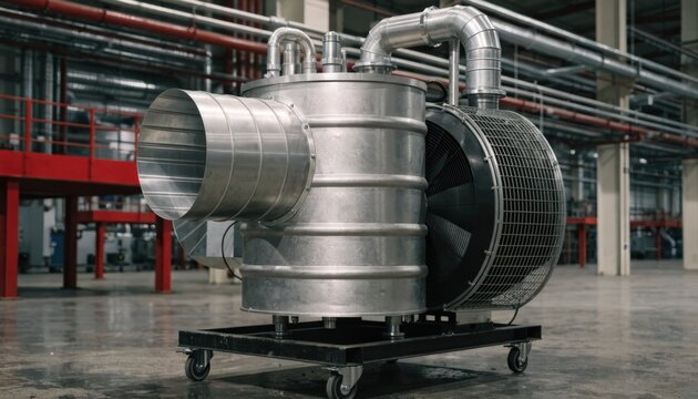 Close medium shot of a preassembled compact boiler and exchanger unit on a portable skid showcasing modular engineering and streamlined maintenance in a factory setting.