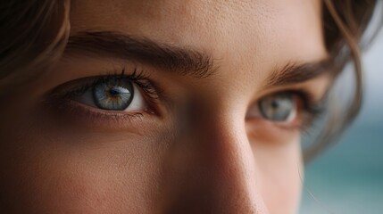 Fototapeta premium Intense portrait focusing on a contemplative gaze set against the backdrop of a vast serene ocean vista