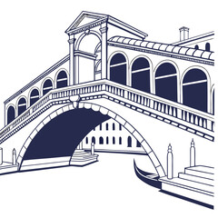 Illustration of the rialto bridge in venice, italy with a gondola underneath, showcasing iconic architecture and historic landmark © sabrina1122