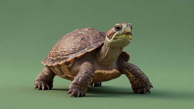 Turtle Walking Forward on Green Studio Floor Cinematic Slow Motion Realistic Animal Concept