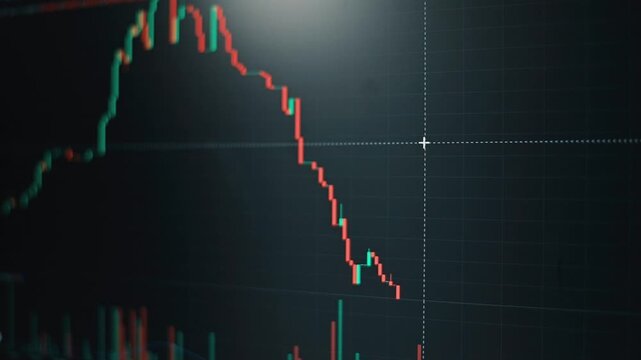 A close-up view of stock market charts focuses on candlestick patterns showing fluctuating prices over time. The frames illustrate price declines and increases, highlighting market activities