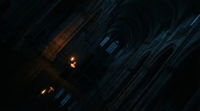 Nun in black habit moving solemn through the vast, dark interior of a gothic cathedral, carrying a burning torch casting dramatic light and shadows on the ancient architecture