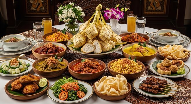 Traditional Indonesian feast with various dishes and flowers on table