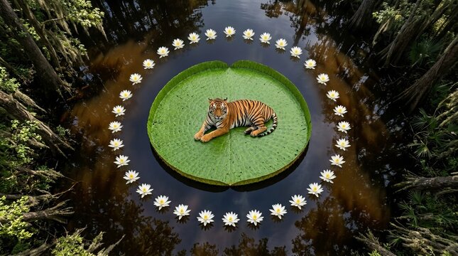 Tiger resting peacefully on a large victoria amazonica lily pad surrounded by a circle of white water lily flowers floating on dark swamp water with cypress trees