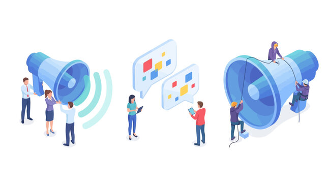 Isometric illustration business team and megaphone communication concept