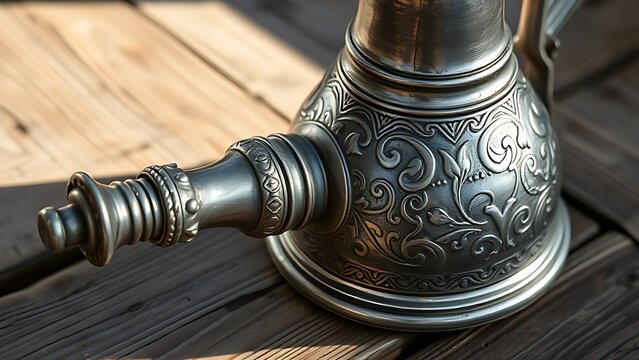 scamorza. Ornate pewter flagon with long spout on rustic wooden table, engraved details. bar promotions, beverage menus, designed for food & beverage menus and cafe branding, used by video editors.