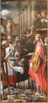 BERGAMO, ITALY - MARCH 18, 2026: The painting of The queen blesses the cornerstone of the church in the church Chiesa di Sant Andrea della Colonna by Enea Salmeggia (1621).